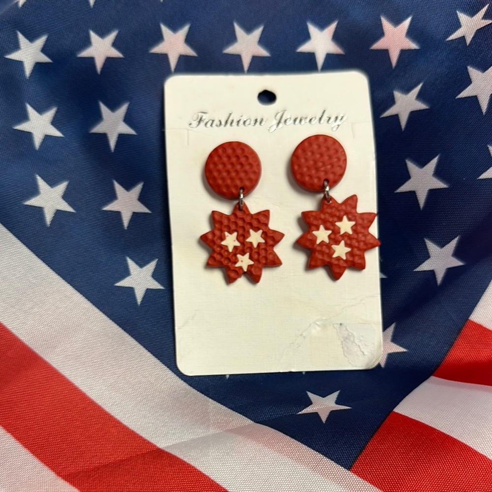 Red Star Earrings with White Accents